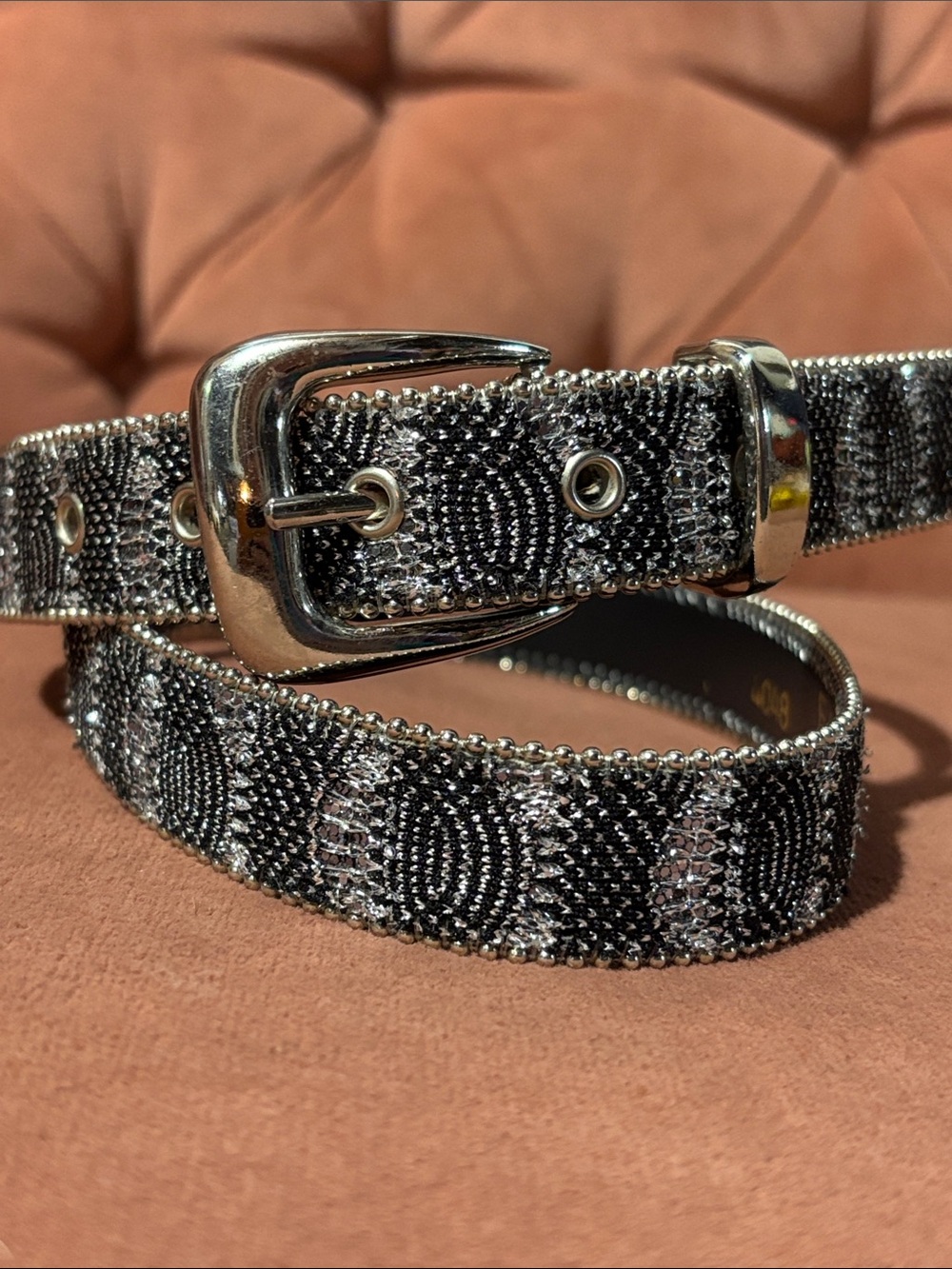 Elite accessories vintage Silver/Black Beaded Belt sparkle statement metallic M